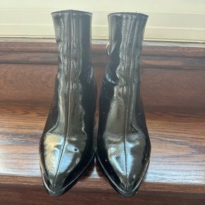 Black patent ankle booties with Gold zipper up back